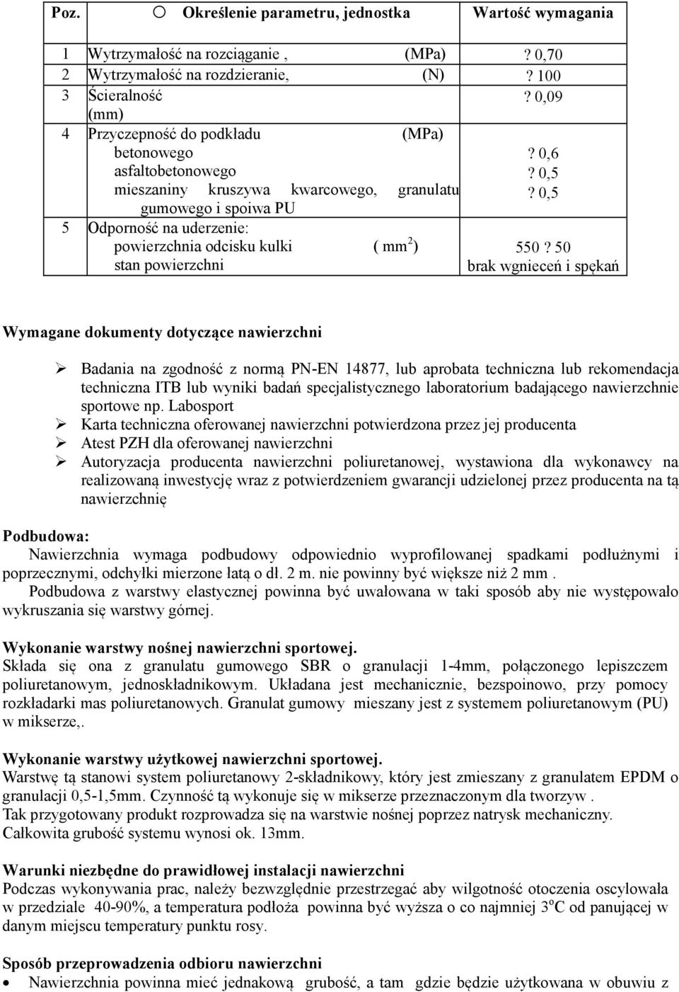 0,5 gumowego i spoiwa PU 5 Odporność na uderzenie: powierzchnia odcisku kulki ( mm 2 ) stan powierzchni 550?