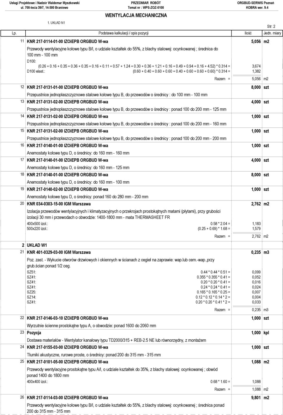 314 = 1,382 Razem = 5,056 m2 12 KNR 217-0131-01-00 IZOiEPB ORGBUD W-wa 8,000 szt Przepustnice jednopłaszczyznowe stalowe kołowe typu B, do przewodów o średnicy : do 13 KNR 217-0131-02-00 IZOiEPB