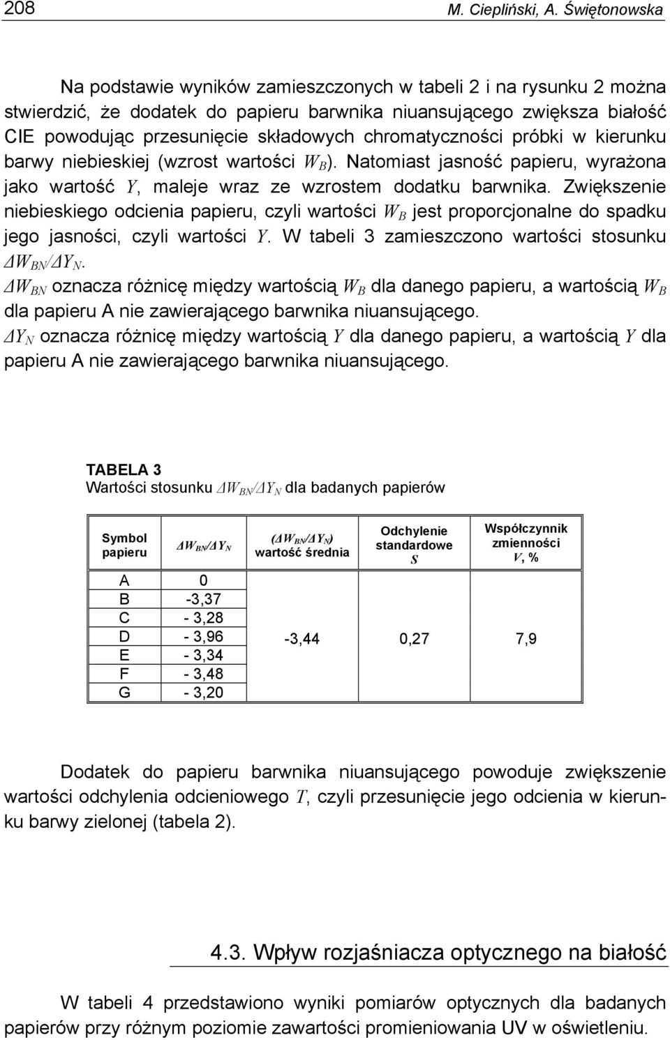 chromatyczności próbki w kierunku barwy niebieskiej (wzrost wartości W B ). Natomiast jasność papieru, wyrażona jako wartość Y, maleje wraz ze wzrostem dodatku barwnika.