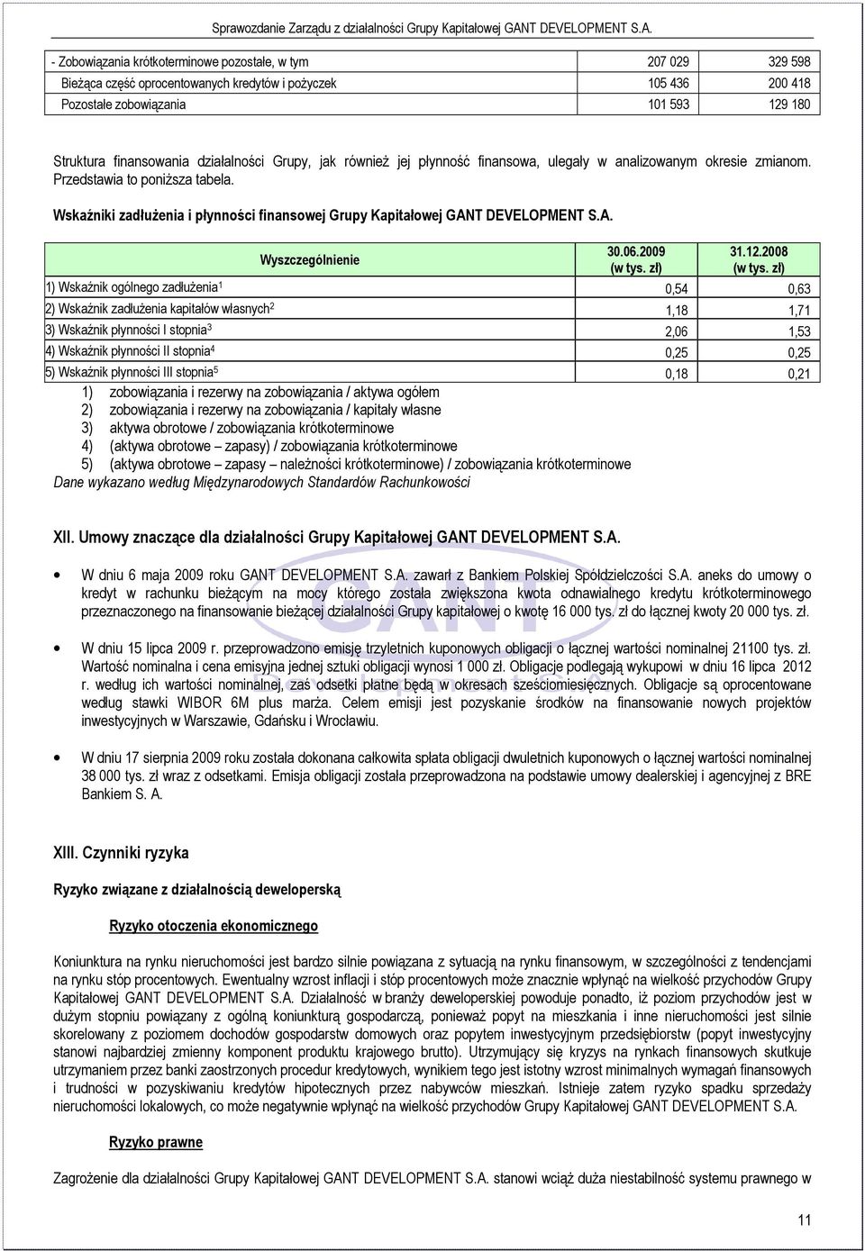 Wskaźniki zadłuŝenia i płynności finansowej Grupy Kapitałowej GANT DEVELOPMENT S.A. Wyszczególnienie 30.06.2009 (w tys. zł) 31.12.2008 (w tys.