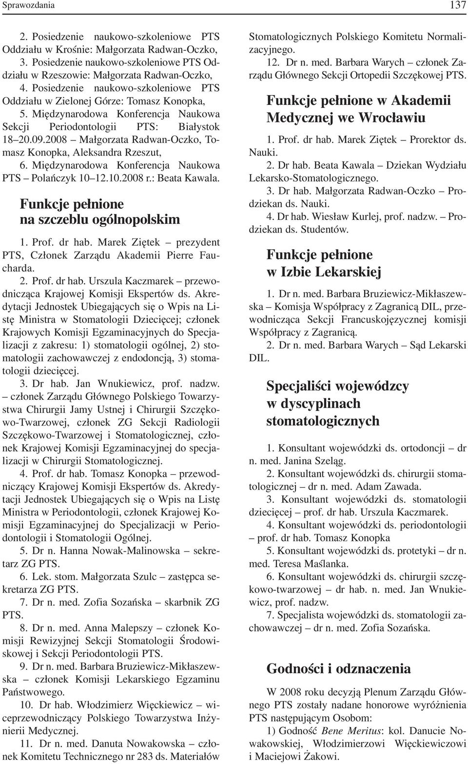 2008 Małgorzata Radwan Oczko, To masz Konopka, Aleksandra Rzeszut, 6. Międzynarodowa Konferencja Naukowa PTS Polańczyk 10 12.10.2008 r.: Beata Kawala. Funkcje pełnione na szczeblu ogólnopolskim 1.