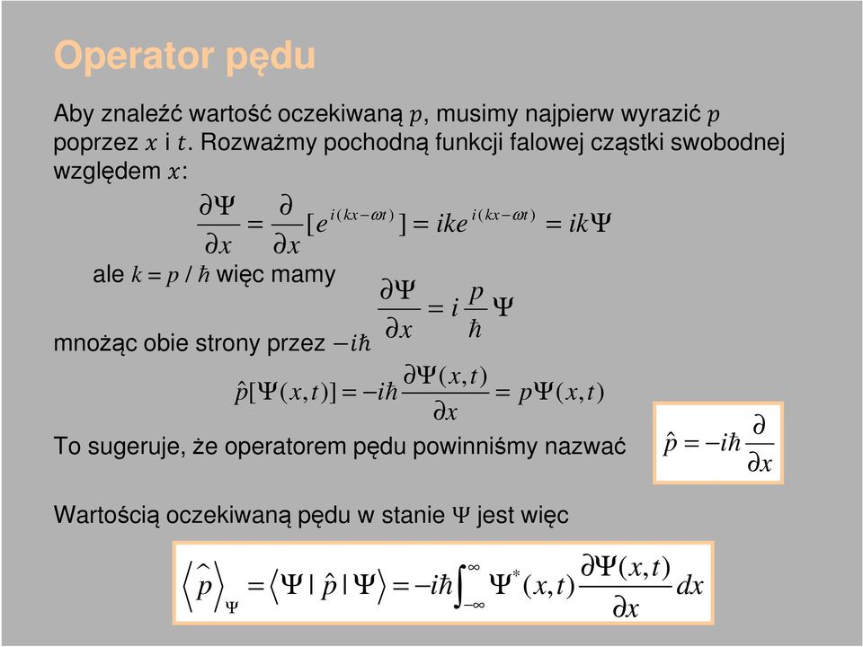 obie strony przez ħ Ψ(, t pˆ[ Ψ (, t] iħ pψ(, t To sugeruje, że operatorem pędu powinniśmy nazwać