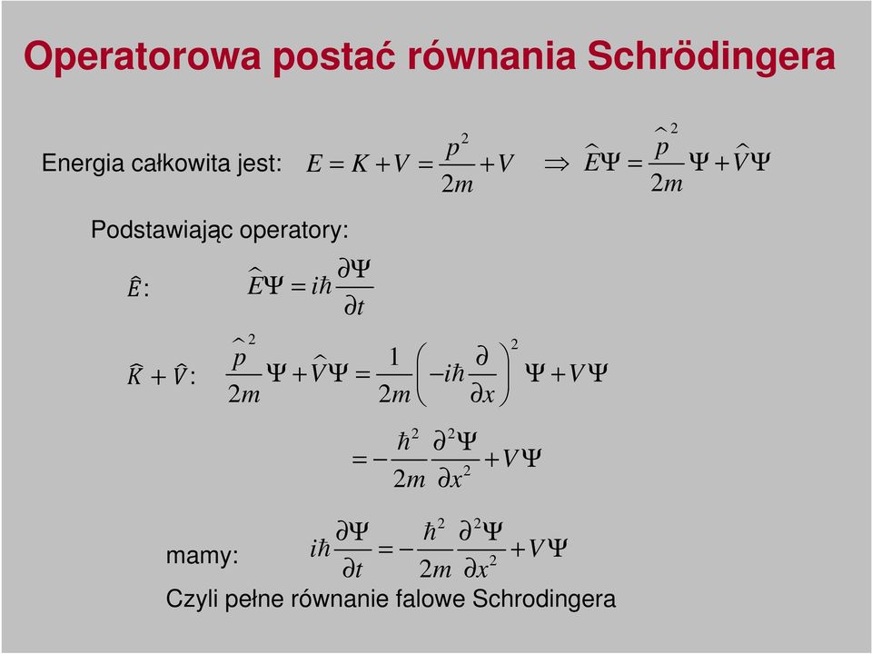 operatory: Ψ : E Ψ iħ t p +: 1 Ψ + VΨ iħ Ψ + V Ψ m m ħ Ψ +