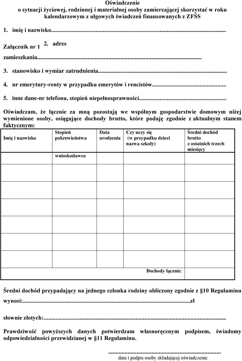 .. Oświadczam, że łącznie za mną pozostają we wspólnym gospodarstwie domowym niżej wymienione osoby, osiągające dochody brutto, które podaję zgodnie z aktualnym stanem faktycznym: Czy uczy się (w