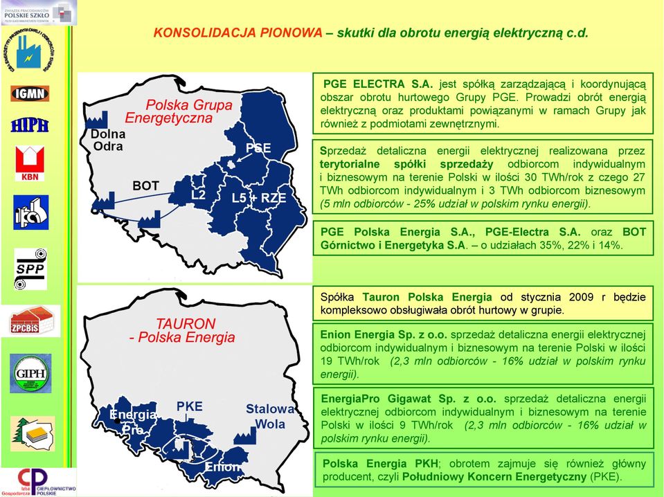 Sprzedaż detaliczna energii elektrycznej realizowana przez terytorialne spółki sprzedaży odbiorcom indywidualnym i biznesowym na terenie Polski w ilości 30 TWh/rok z czego 27 TWh odbiorcom