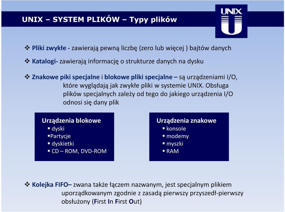 Obsługa plików specjalnych zależy od tego do jakiego urządzenia I/O odnosi się dany plik Urządzenia blokowe dyski Partycje dyskietki CD ROM, DVD-ROM