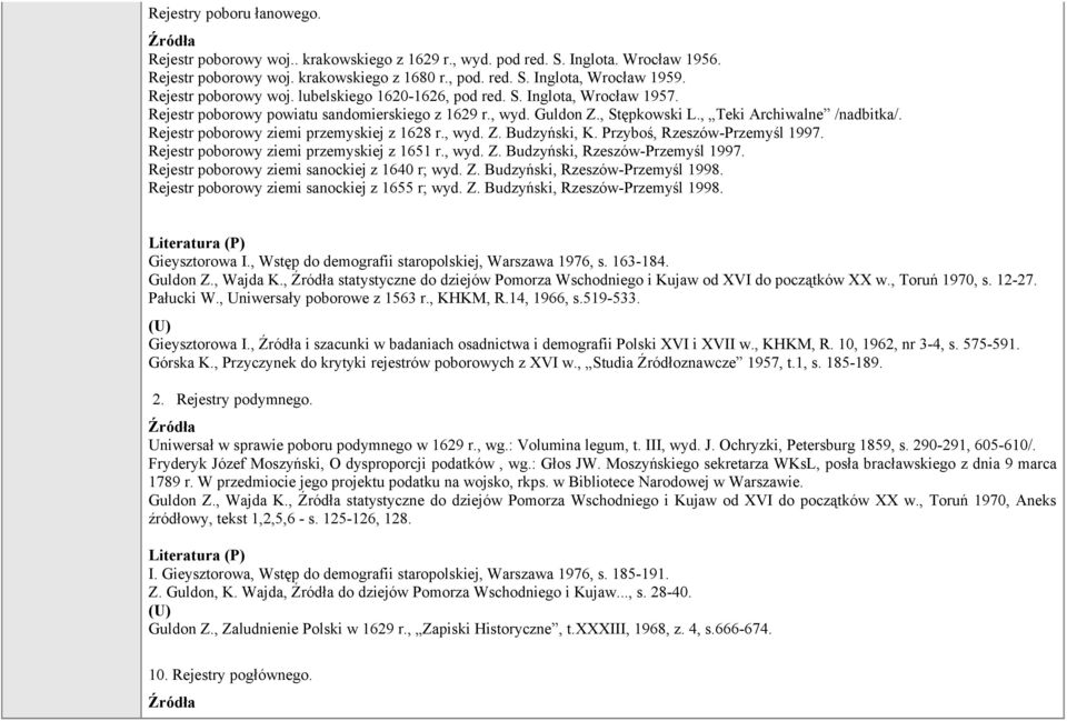 Rejestr poborowy ziemi przemyskiej z 1628 r., wyd. Z. Budzyński, K. Przyboś, Rzeszów-Przemyśl 1997. Rejestr poborowy ziemi przemyskiej z 1651 r., wyd. Z. Budzyński, Rzeszów-Przemyśl 1997.