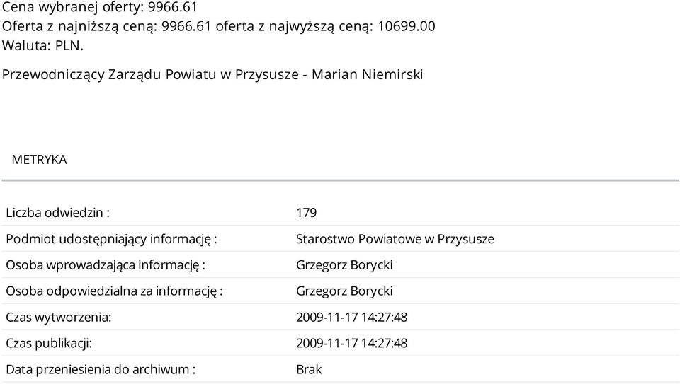 informację : Osoba wprowadzająca informację : Osoba odpowiedzialna za informację : Starostwo Powiatowe w Przysusze