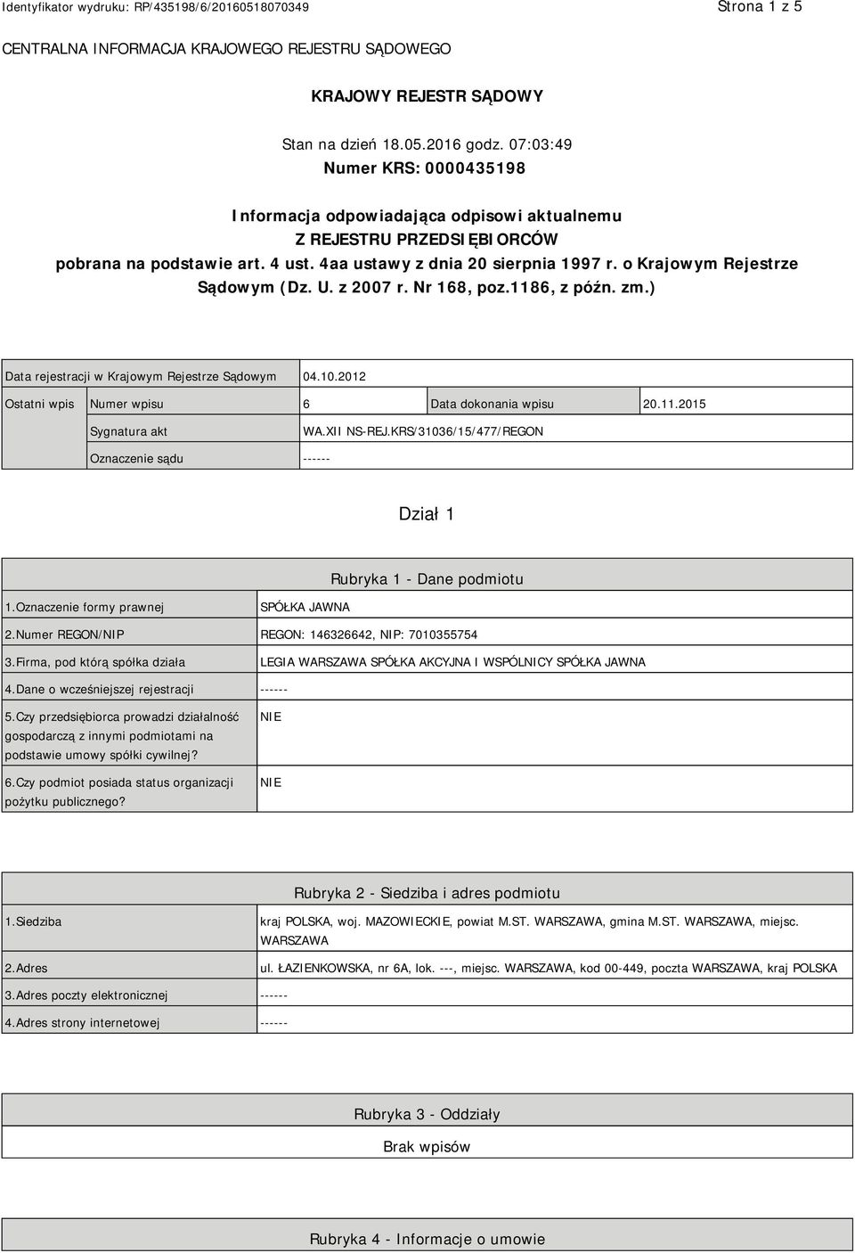 o Krajowym Rejestrze Sądowym (Dz. U. z 2007 r. Nr 168, poz.1186, z późn. zm.) Data rejestracji w Krajowym Rejestrze Sądowym 04.10.2012 Ostatni wpis Numer wpisu 6 Data dokonania wpisu 20.11.2015 Sygnatura akt WA.