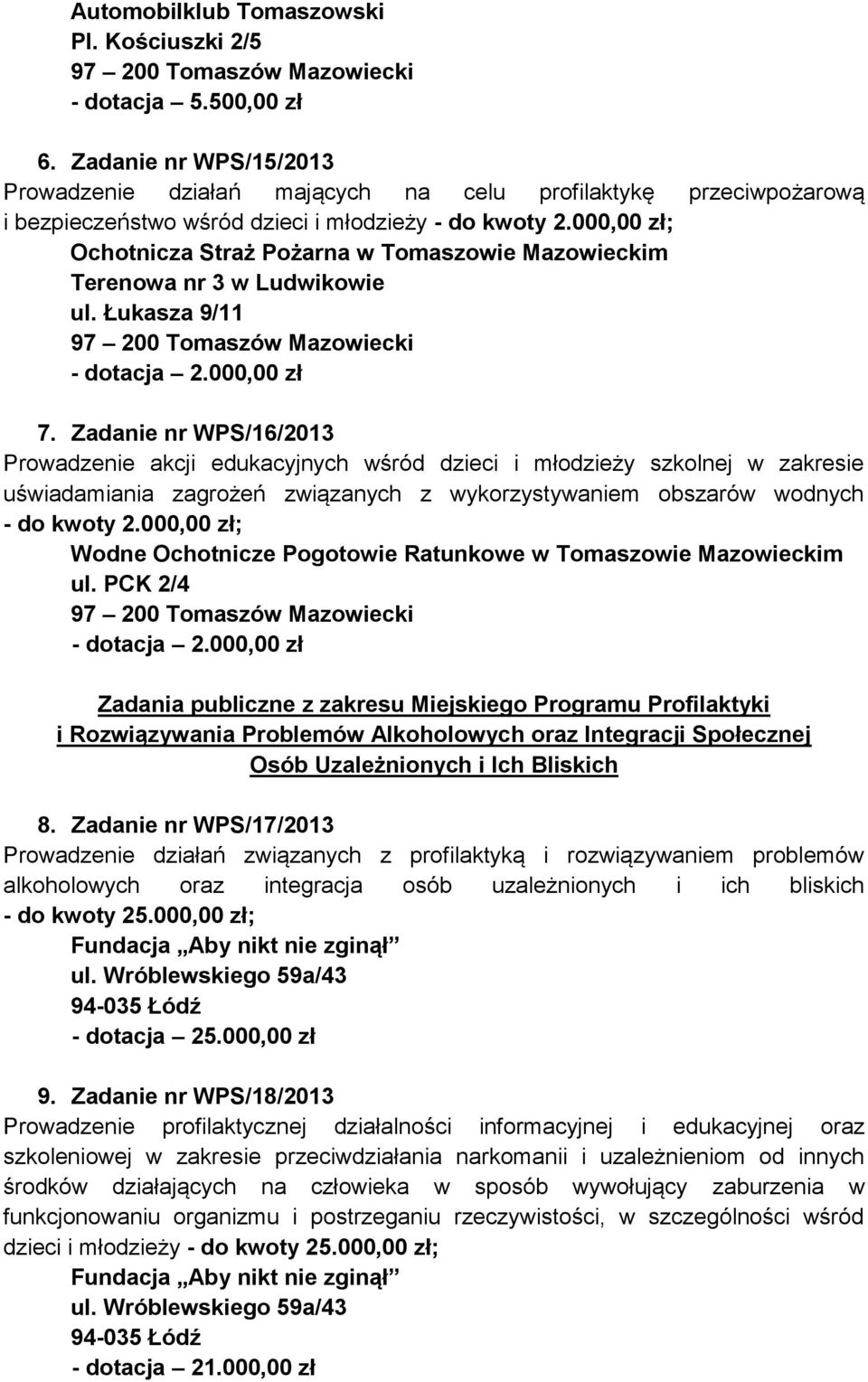 000,00 zł; Ochotnicza Straż Pożarna Terenowa nr 3 w Ludwikowie ul. Łukasza 9/11 7.