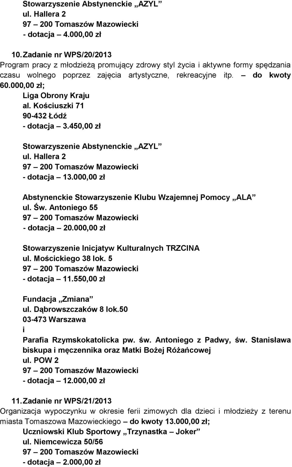 000,00 zł; Liga Obrony Kraju al. Kościuszki 71 90-432 Łódź - dotacja 3.450,00 zł Stowarzyszenie Abstynenckie AZYL ul. Hallera 2 - dotacja 13.