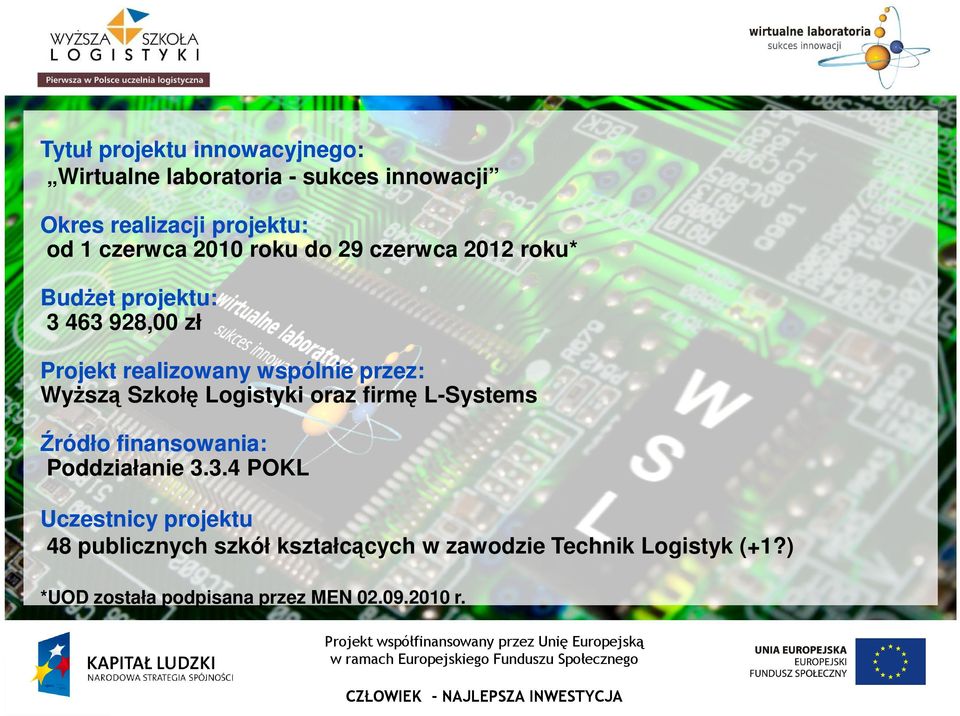 przez: WyŜszą Szkołę Logistyki oraz firmę L-Systems Źródło finansowania: Poddziałanie 3.