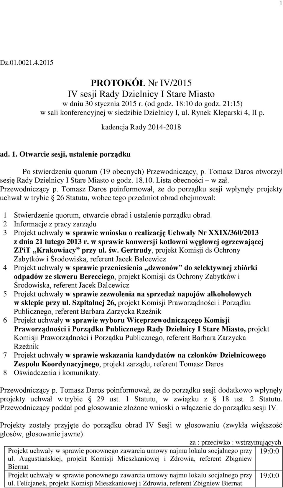 Tomasz Daros otworzył sesję Rady Dzielnicy I Stare Miasto o godz. 18.10. Lista obecności w zał. Przewodniczący p.