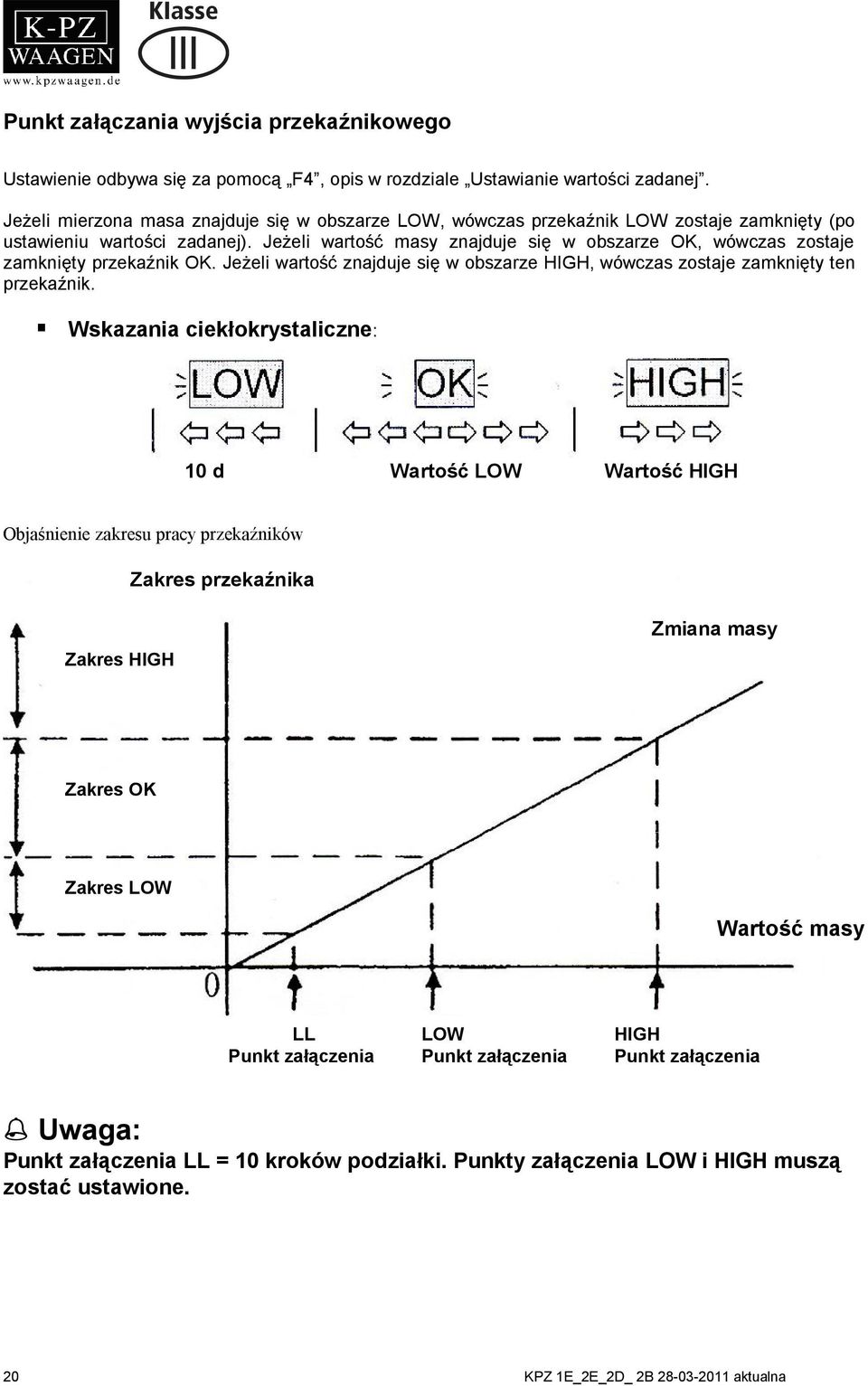 Jeżeli wartość masy znajduje się w obszarze OK, wówczas zostaje zamknięty przekaźnik OK. Jeżeli wartość znajduje się w obszarze HIGH, wówczas zostaje zamknięty ten przekaźnik.