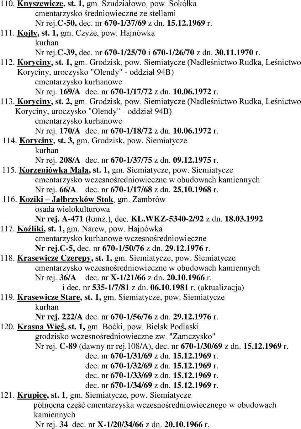 Siemiatycze (Nadleśnictwo Rudka, Leśnictwo Koryciny, uroczysko "Olendy" - oddział 94B) cmentarzysko owe Nr rej. 169/A dec. nr 670-1/17/72 z dn. 10.06.1972 r. 113. Koryciny, st. 2, gm. Grodzisk, pow.