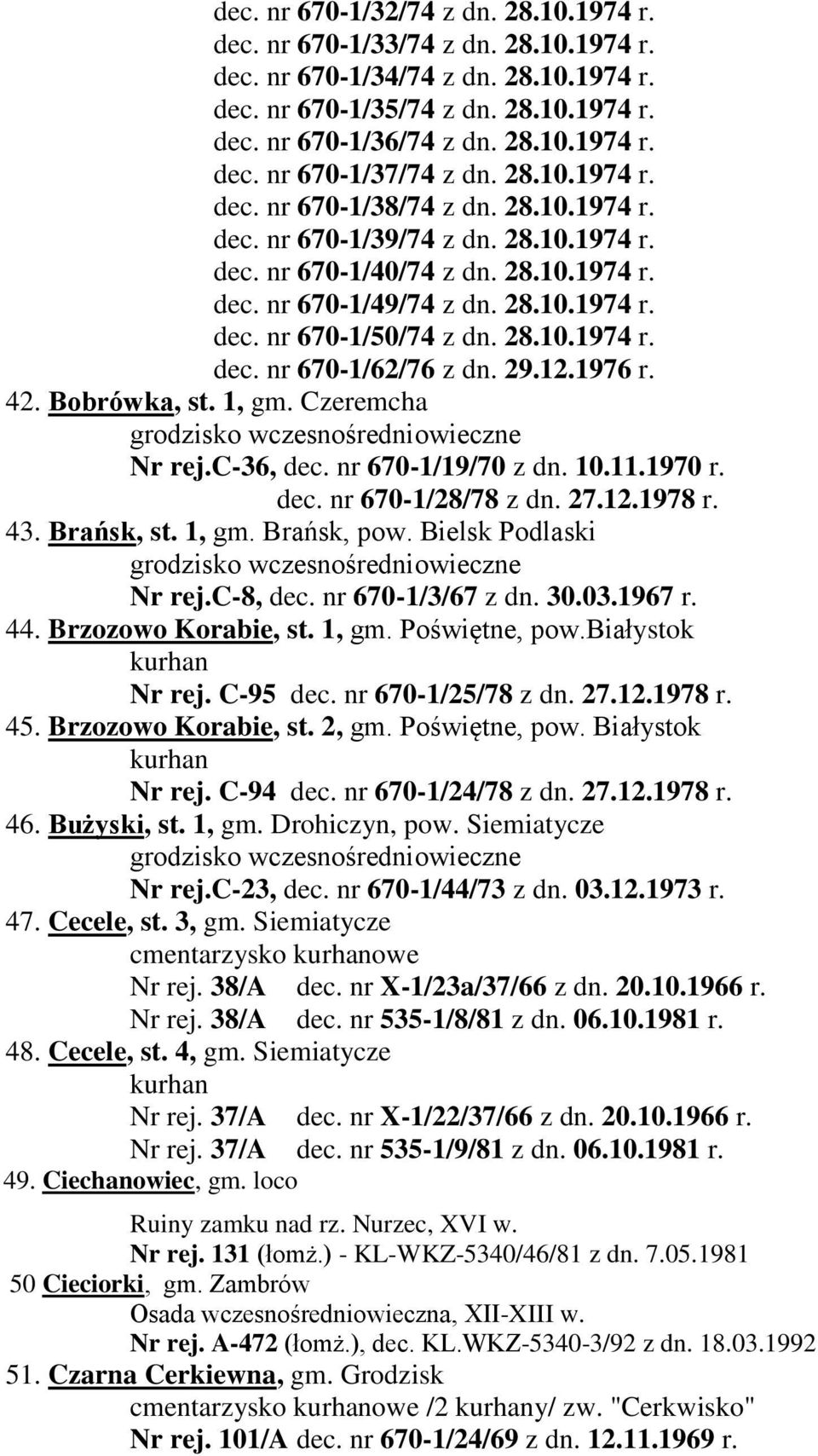 28.10.1974 r. dec. nr 670-1/62/76 z dn. 29.12.1976 r. 42. Bobrówka, st. 1, gm. Czeremcha Nr rej.c-36, dec. nr 670-1/19/70 z dn. 10.11.1970 r. dec. nr 670-1/28/78 z dn. 27.12.1978 r. 43. Brańsk, st.