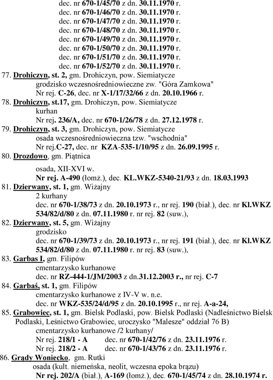 nr X-1/17/32/66 z dn. 20.10.1966 r. 78. Drohiczyn, st.17, gm. Drohiczyn, pow. Siemiatycze Nr rej. 236/A, dec. nr 670-1/26/78 z dn. 27.12.1978 r. 79. Drohiczyn, st. 3, gm. Drohiczyn, pow. Siemiatycze osada wczesnośredniowieczna tzw.