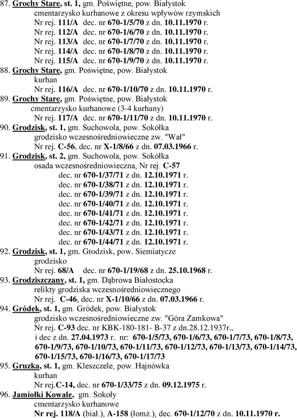 116/A dec. nr 670-1/10/70 z dn. 10.11.1970 r. 89. Grochy Stare, gm. Poświętne, pow. Białystok cmentarzysko owe (3-4 y) Nr rej. 117/A dec. nr 670-1/11/70 z dn. 10.11.1970 r. 90. Grodzisk, st. 1, gm.