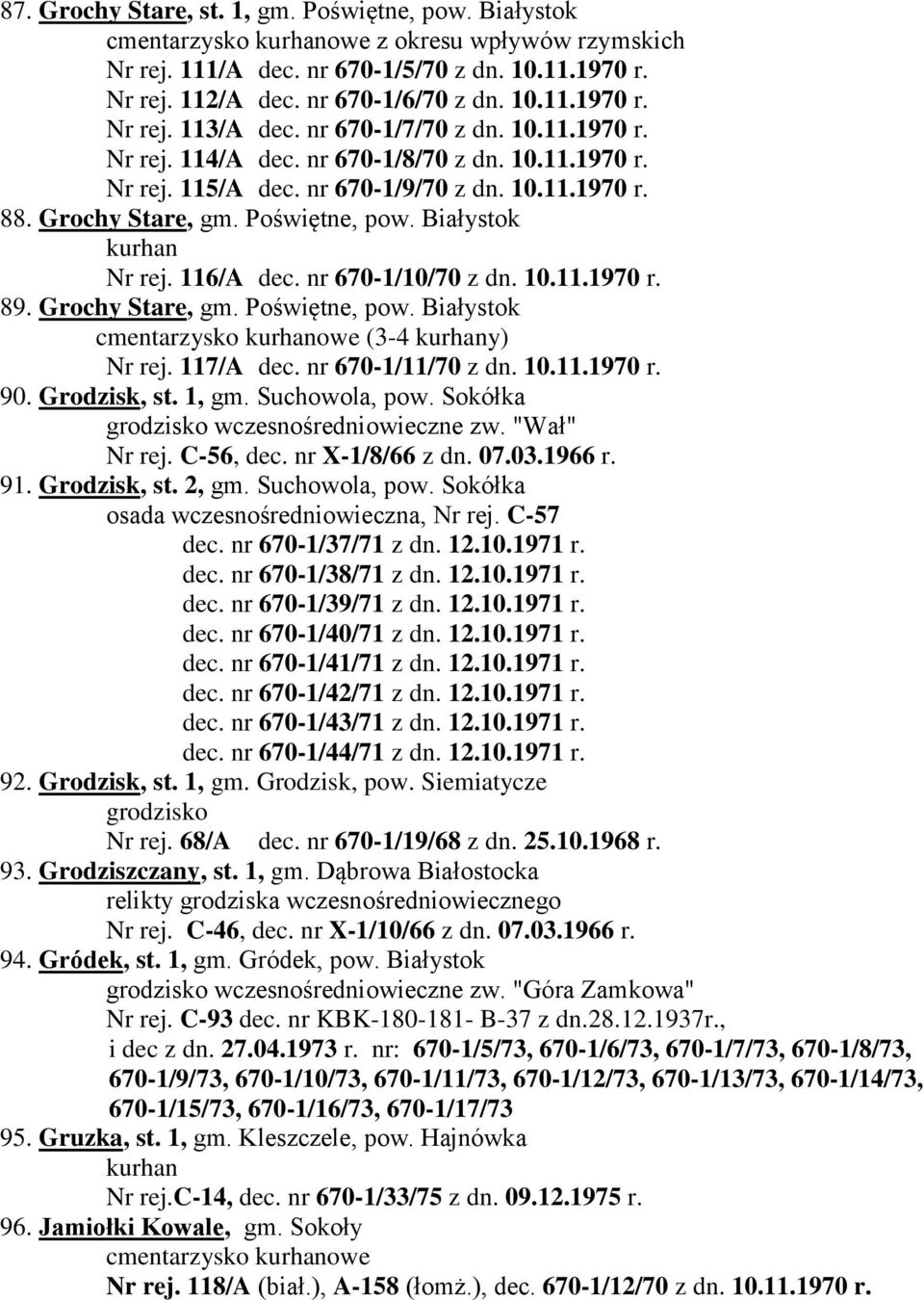 116/A dec. nr 670-1/10/70 z dn. 10.11.1970 r. 89. Grochy Stare, gm. Poświętne, pow. Białystok cmentarzysko owe (3-4 y) Nr rej. 117/A dec. nr 670-1/11/70 z dn. 10.11.1970 r. 90. Grodzisk, st. 1, gm.