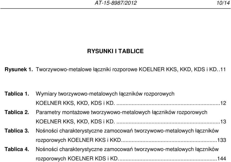 Parametry montażowe tworzywowo-metalowych łączników rozporowych KOELNER KKS, KKD, KDS i KD....13 Tablica 3.