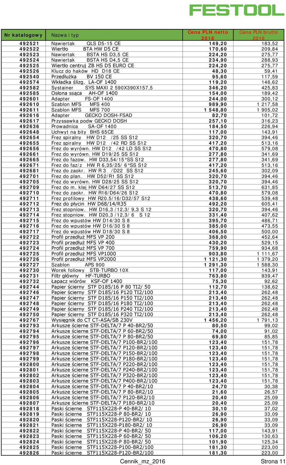 LA-OF 1400 119,20 146,62 492582 Systainer SYS MAXI 2 590X390X157,5 346,20 425,83 492585 Osłona ssąca AH-OF 1400 154,00 189,42 492601 Adapter FS-OF 1400 244,00 300,12 492610 Szablon MFS MFS 400 989,90