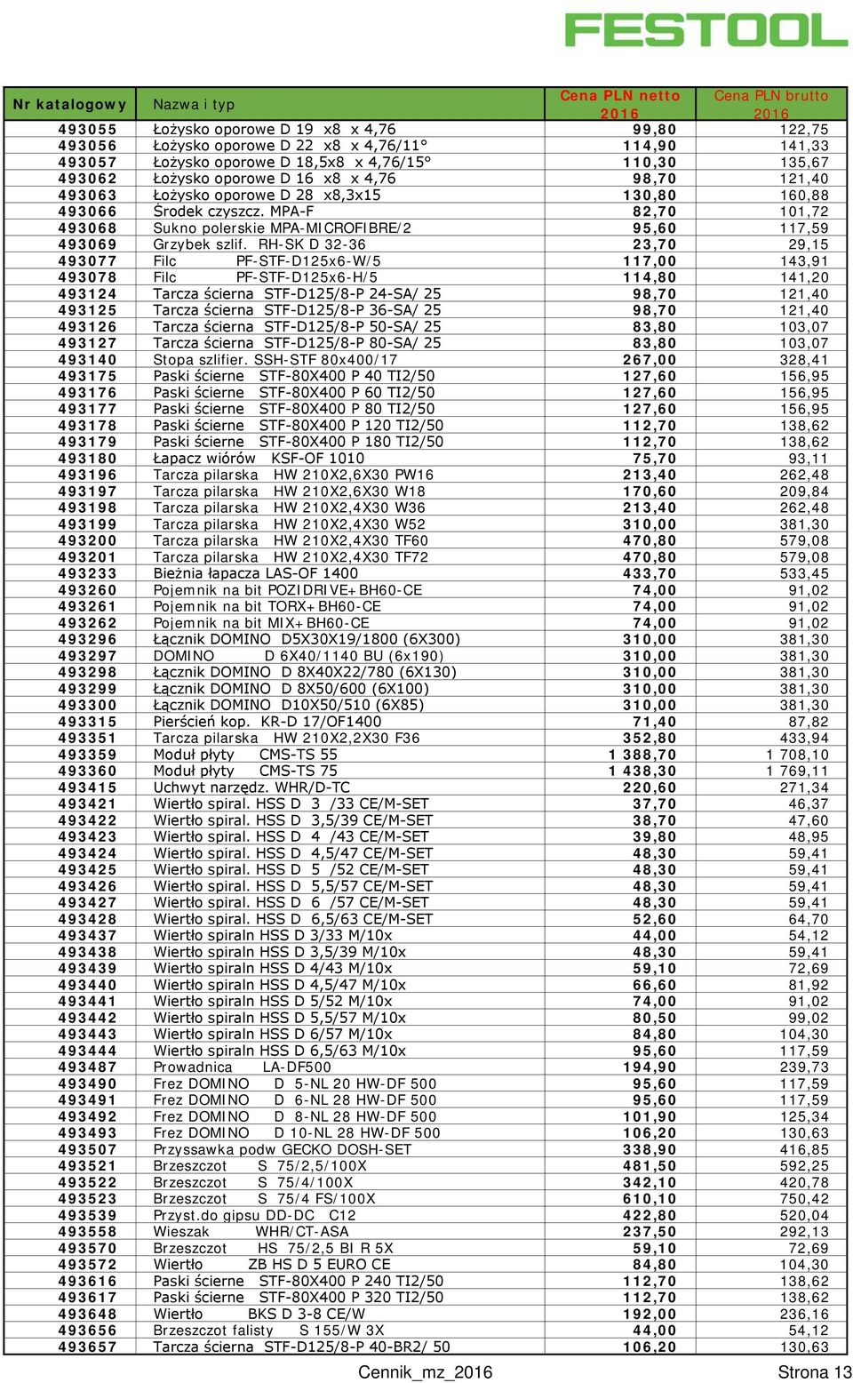 RH-SK D 32-36 23,70 29,15 493077 Filc PF-STF-D125x6-W/5 117,00 143,91 493078 Filc PF-STF-D125x6-H/5 114,80 141,20 493124 Tarcza ścierna STF-D125/8-P 24-SA/ 25 98,70 121,40 493125 Tarcza ścierna