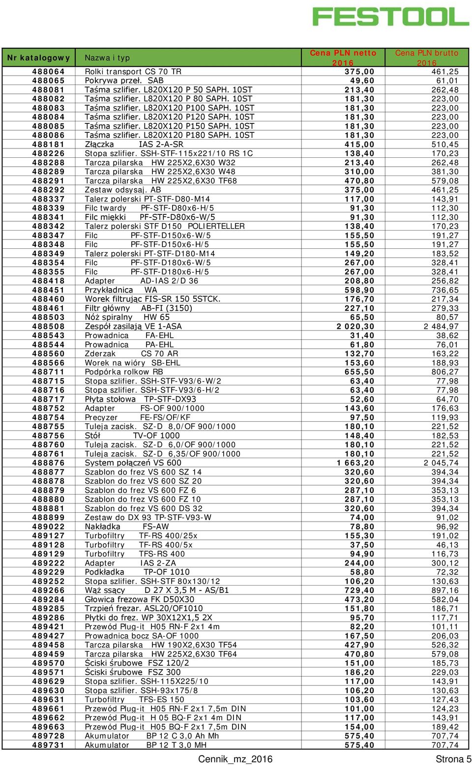 10ST 181,30 223,00 488086 Taśma szlifier. L820X120 P180 SAPH. 10ST 181,30 223,00 488181 Złączka IAS 2-A-SR 415,00 510,45 488226 Stopa szlifier.