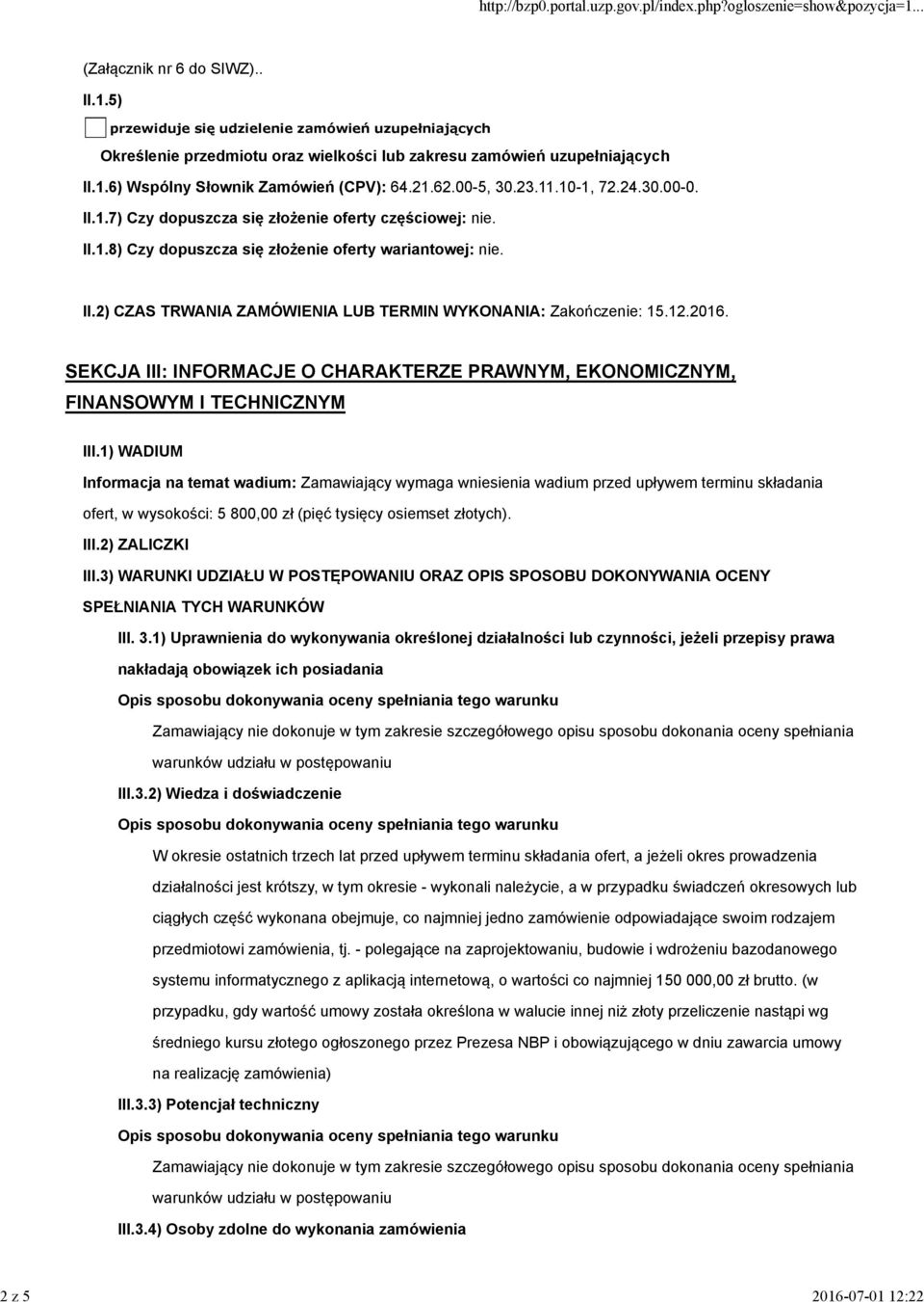 12.2016. SEKCJA III: INFORMACJE O CHARAKTERZE PRAWNYM, EKONOMICZNYM, FINANSOWYM I TECHNICZNYM III.