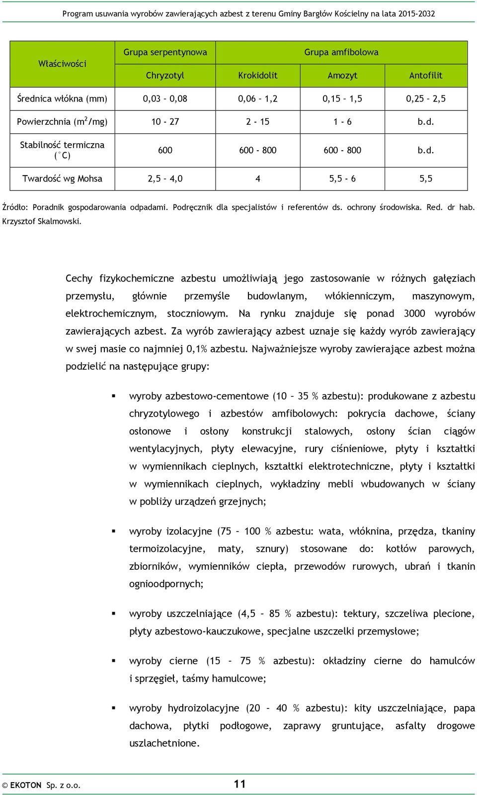 Cechy fizykochemiczne azbestu umożliwiają jego zastosowanie w różnych gałęziach przemysłu, głównie przemyśle budowlanym, włókienniczym, maszynowym, elektrochemicznym, stoczniowym.