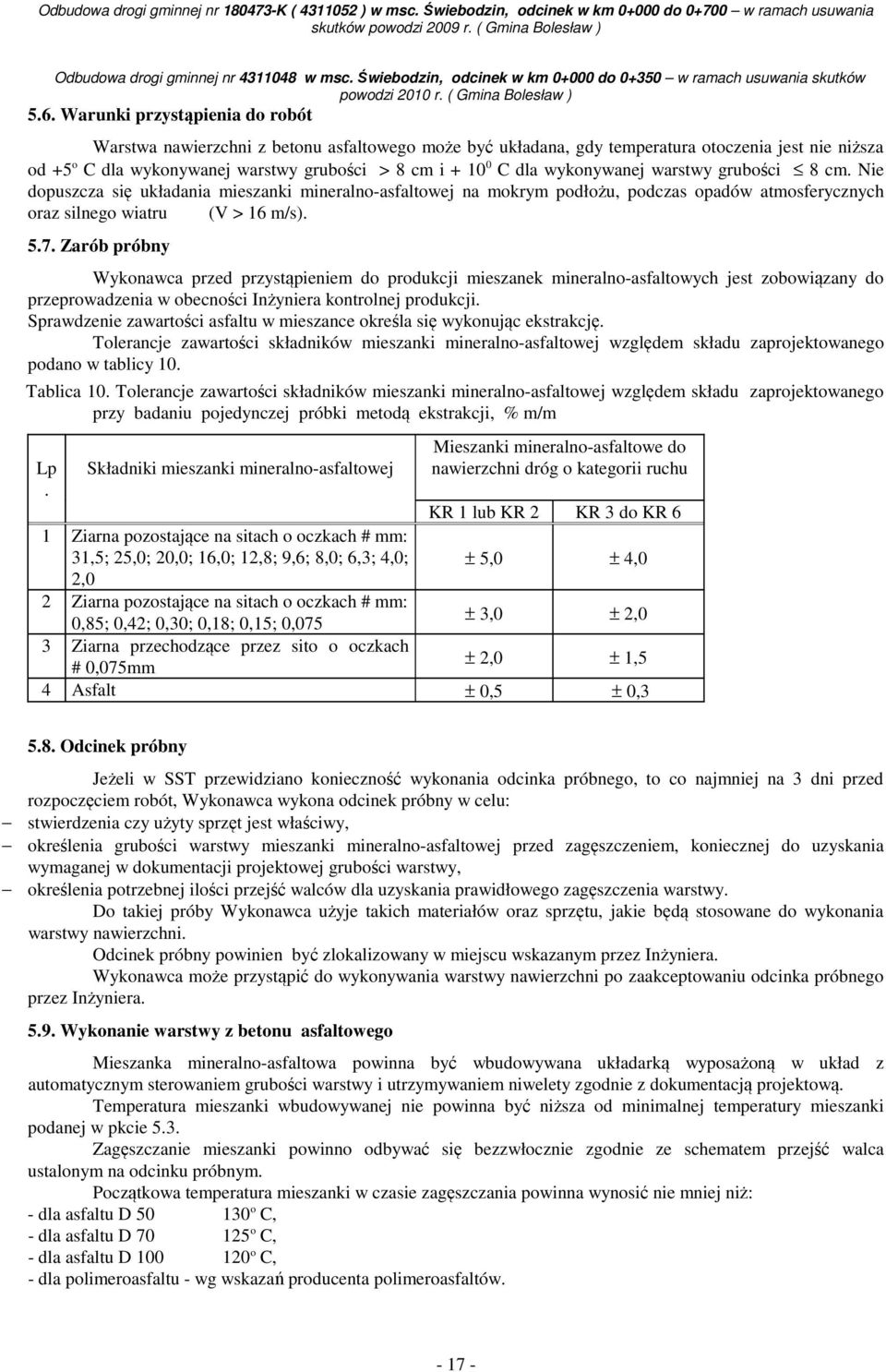 Zarób próbny Wykonawca przed przystąpieniem do produkcji mieszanek mineralno-asfaltowych jest zobowiązany do przeprowadzenia w obecności Inżyniera kontrolnej produkcji.