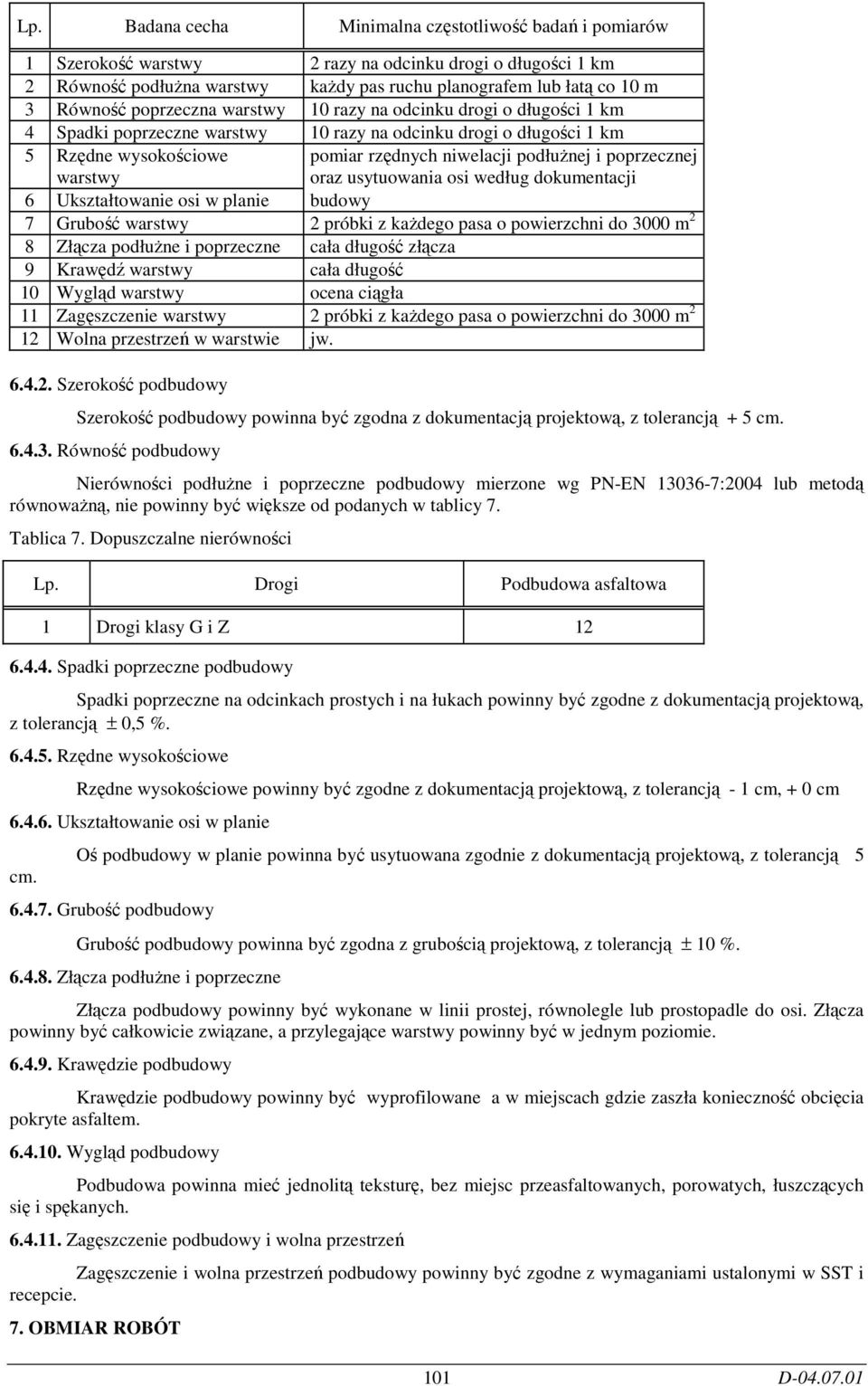 poprzecznej oraz usytuowania osi według dokumentacji 6 Ukształtowanie osi w planie budowy 7 Grubość warstwy 2 próbki z każdego pasa o powierzchni do 3000 m 2 8 Złącza podłużne i poprzeczne cała