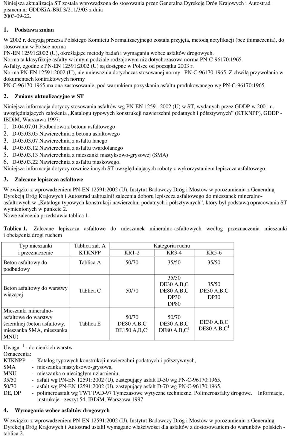 asfaltów drogowych. Norma ta klasyfikuje asfalty w innym podziale rodzajowym niŝ dotychczasowa norma PN-C-96170:1965. Asfalty, zgodne z 12591:2002 (U) są dostępne w Polsce od początku 2003 r.