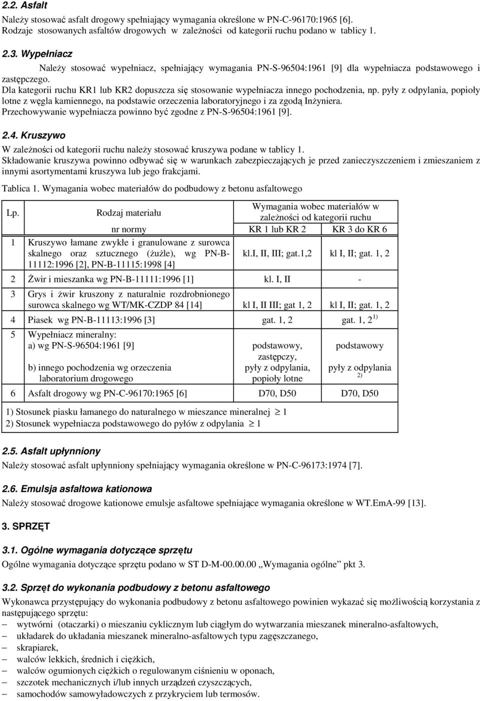 Dla kategorii ruchu KR1 lub KR2 dopuszcza się stosowanie wypełniacza innego pochodzenia, np.