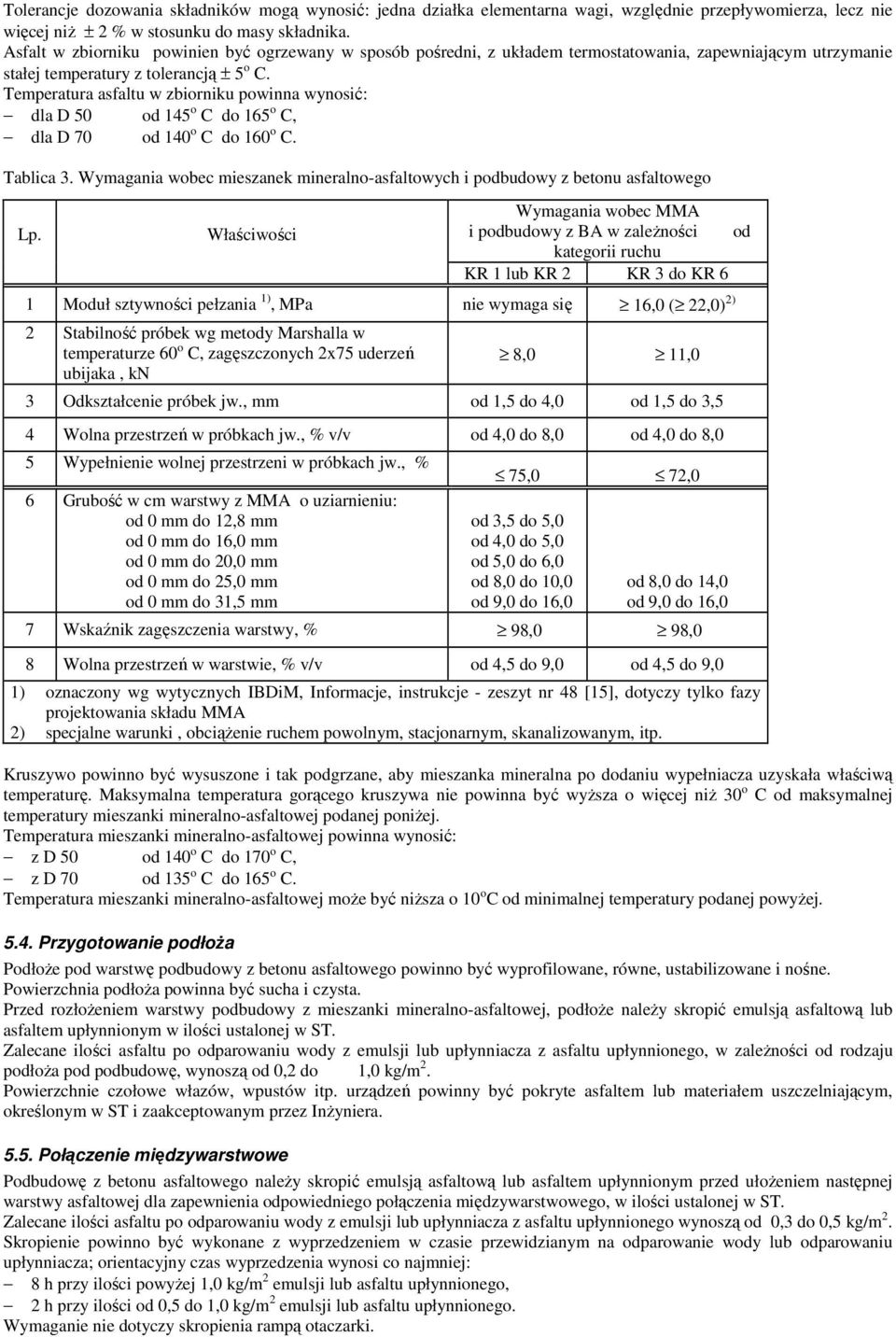 Temperatura asfaltu w zbiorniku powinna wynosić: dla D 50 od 145 o C do 165 o C, dla D 70 od 140 o C do 160 o C. Tablica 3.