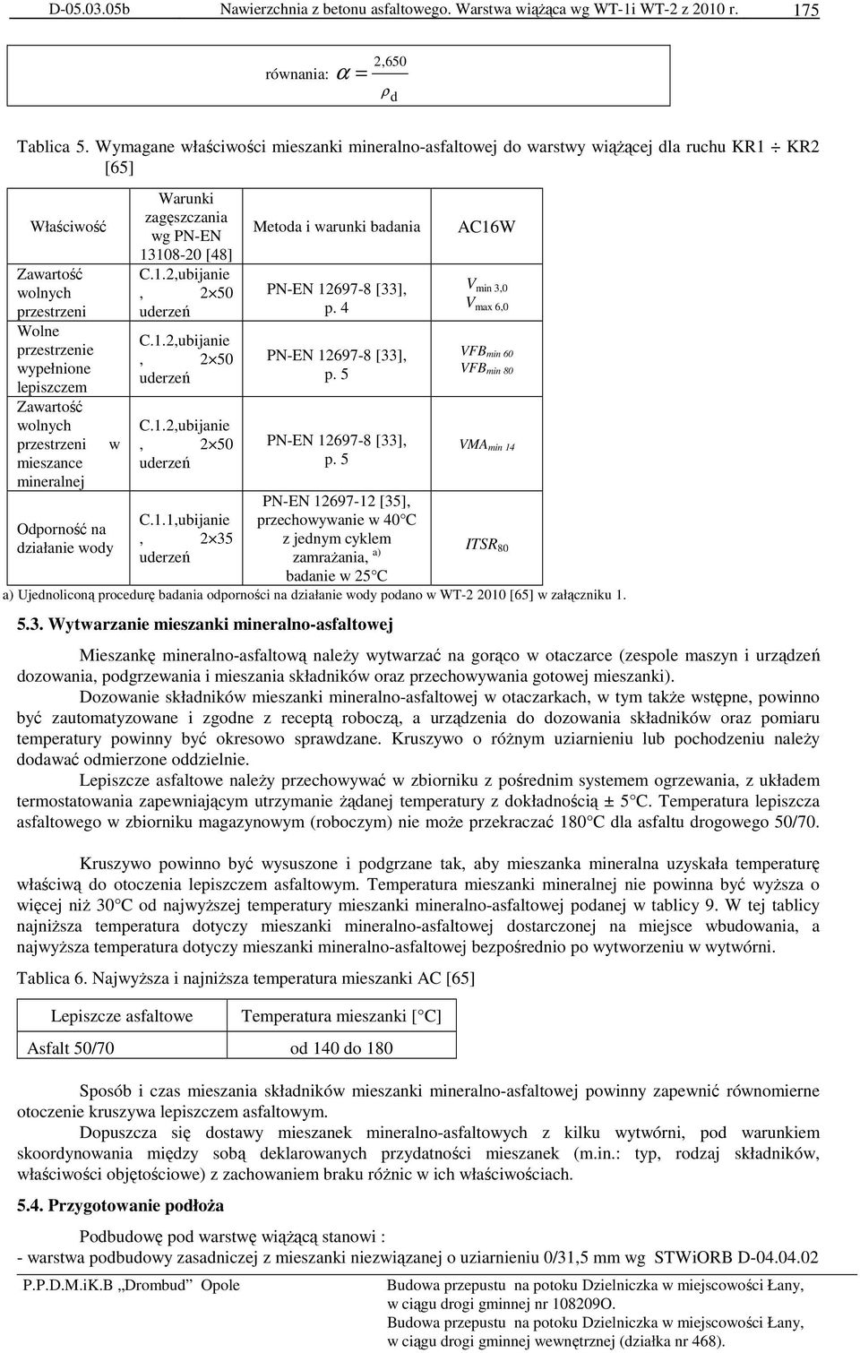 przestrzeni mieszance mineralnej w Odporność na działanie wody Warunki zagęszczania wg PN-EN 13108-20 [48] C.1.2,ubijanie, 2 50 uderzeń C.1.2,ubijanie, 2 50 uderzeń C.1.2,ubijanie, 2 50 uderzeń C.1.1,ubijanie, 2 35 uderzeń Metoda i warunki badania PN-EN 12697-8 [33], p.