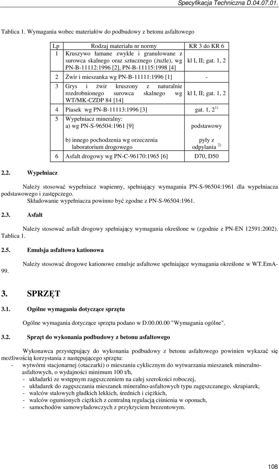 1, 2 2 świr i mieszanka wg PN-B-11111:1996 [1] - 3 Grys i Ŝwir kruszony z naturalnie rozdrobnionego surowca skalnego wg WT/MK-CZDP 84 [14] kl I, II; gat. 1, 2 4 Piasek wg PN-B-11113:1996 [3] gat.