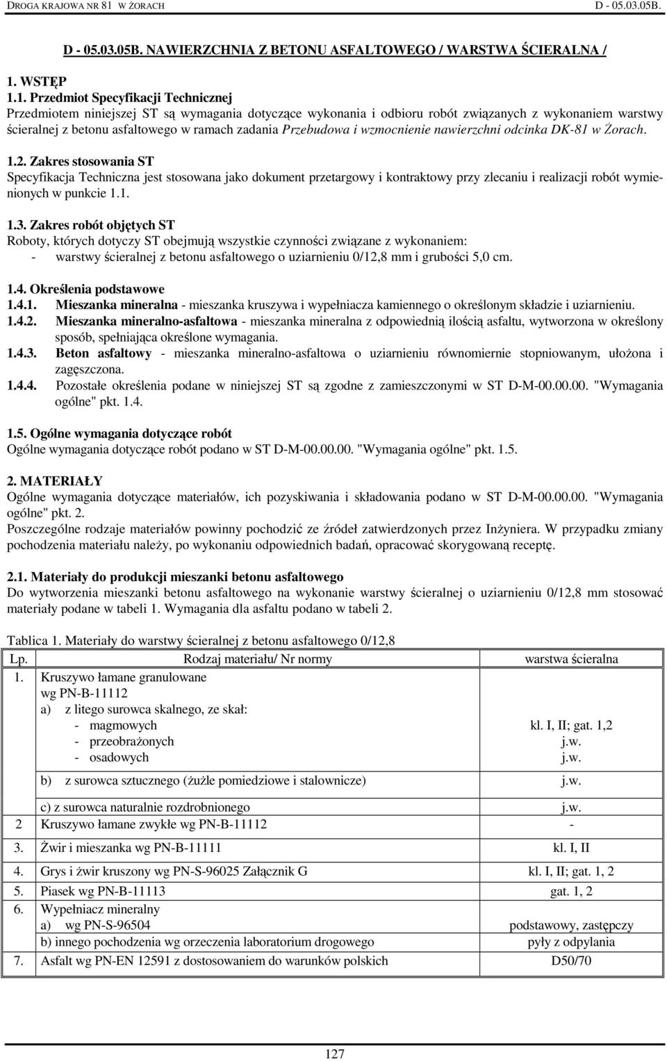 1. Przedmiot Specyfikacji Technicznej Przedmiotem niniejszej ST są wymagania dotyczące wykonania i odbioru robót związanych z wykonaniem warstwy ścieralnej z betonu asfaltowego w ramach zadania