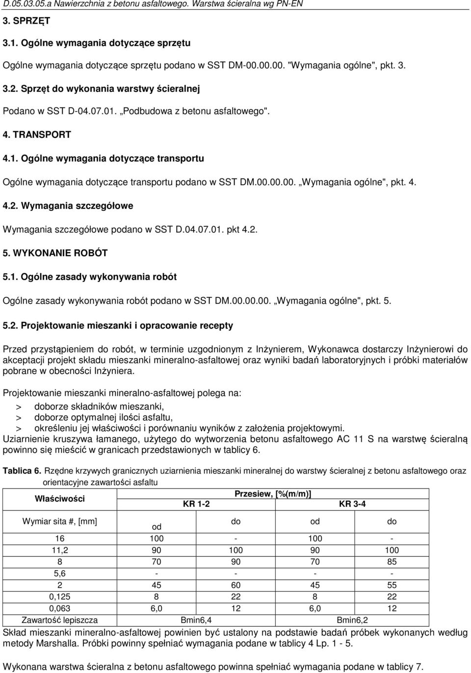 00.00.00. Wymagania ogólne", pkt. 4. 4.2. Wymagania szczegółowe Wymagania szczegółowe podano w SST D.04.07.01. pkt 4.2. 5. WYKONANIE ROBÓT 5.1. Ogólne zasady wykonywania robót Ogólne zasady wykonywania robót podano w SST DM.