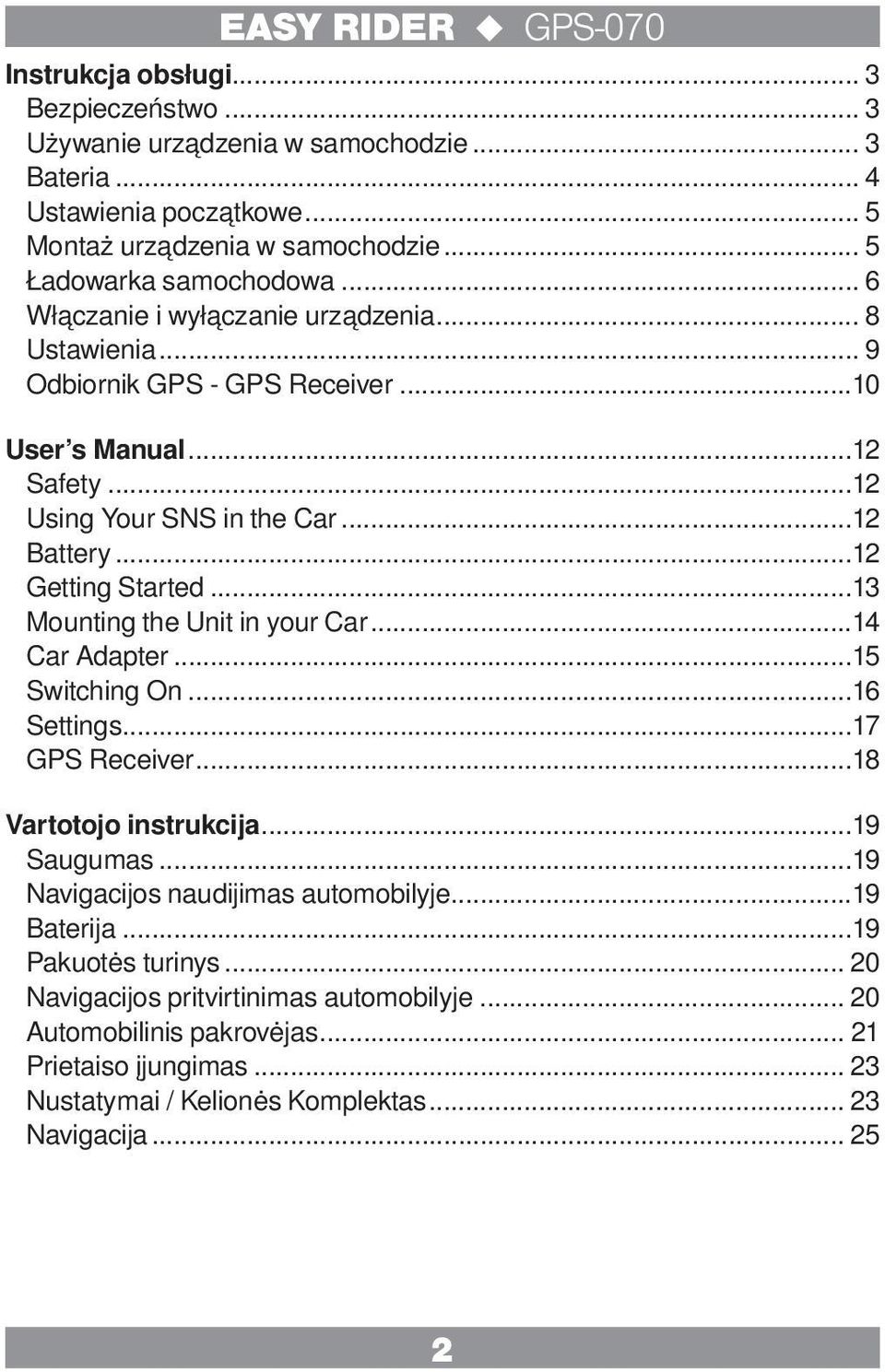 ..13 Mounting the Unit in your Car...14 Car Adapter...15 Switching On...16 Settings...17 GPS Receiver...18 Vartotojo instrukcija...19 Saugumas...19 Navigacijos naudijimas automobilyje.