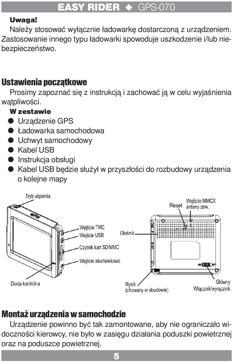 W zestawie Urządzenie GPS Ładowarka samochodowa Uchwyt samochodowy Kabel USB Instrukcja obsługi Kabel USB będzie służył w przyszłości do rozbudowy