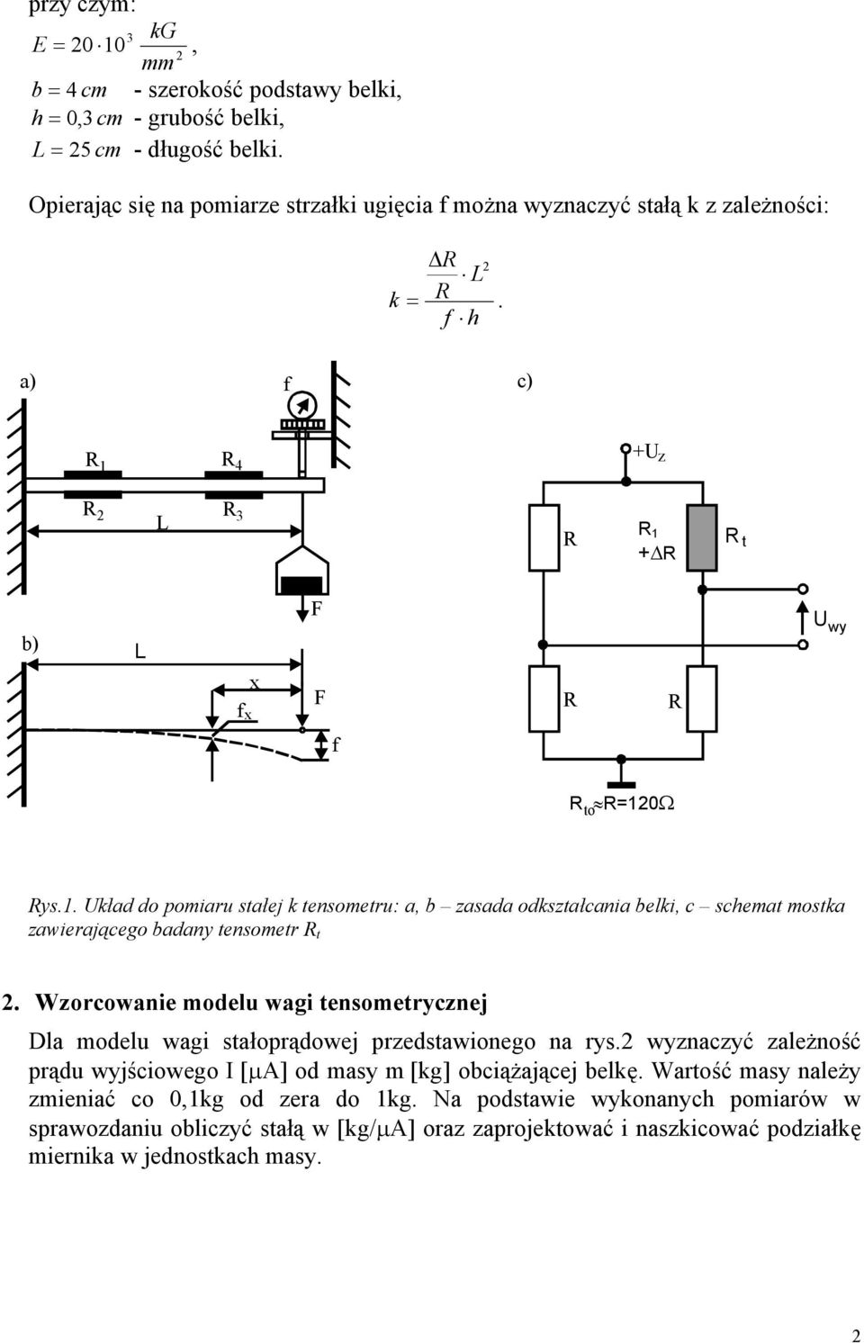 4 +U L 3 1 + t b) L f x x U wy f 1Ω to ys.1. Układ do pomiaru stałej k tensometru: a, b asada odkstałcania belki, c schemat mostka awierającego badany tensometr t.