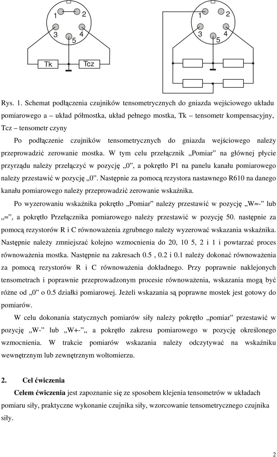 Schemat podłączenia czujników tensometrycznych do gniazda wejściowego układu pomiarowego a układ półmostka, układ pełnego mostka, Tk tensometr kompensacyjny, Tcz tensometr czyny Po podłączenie