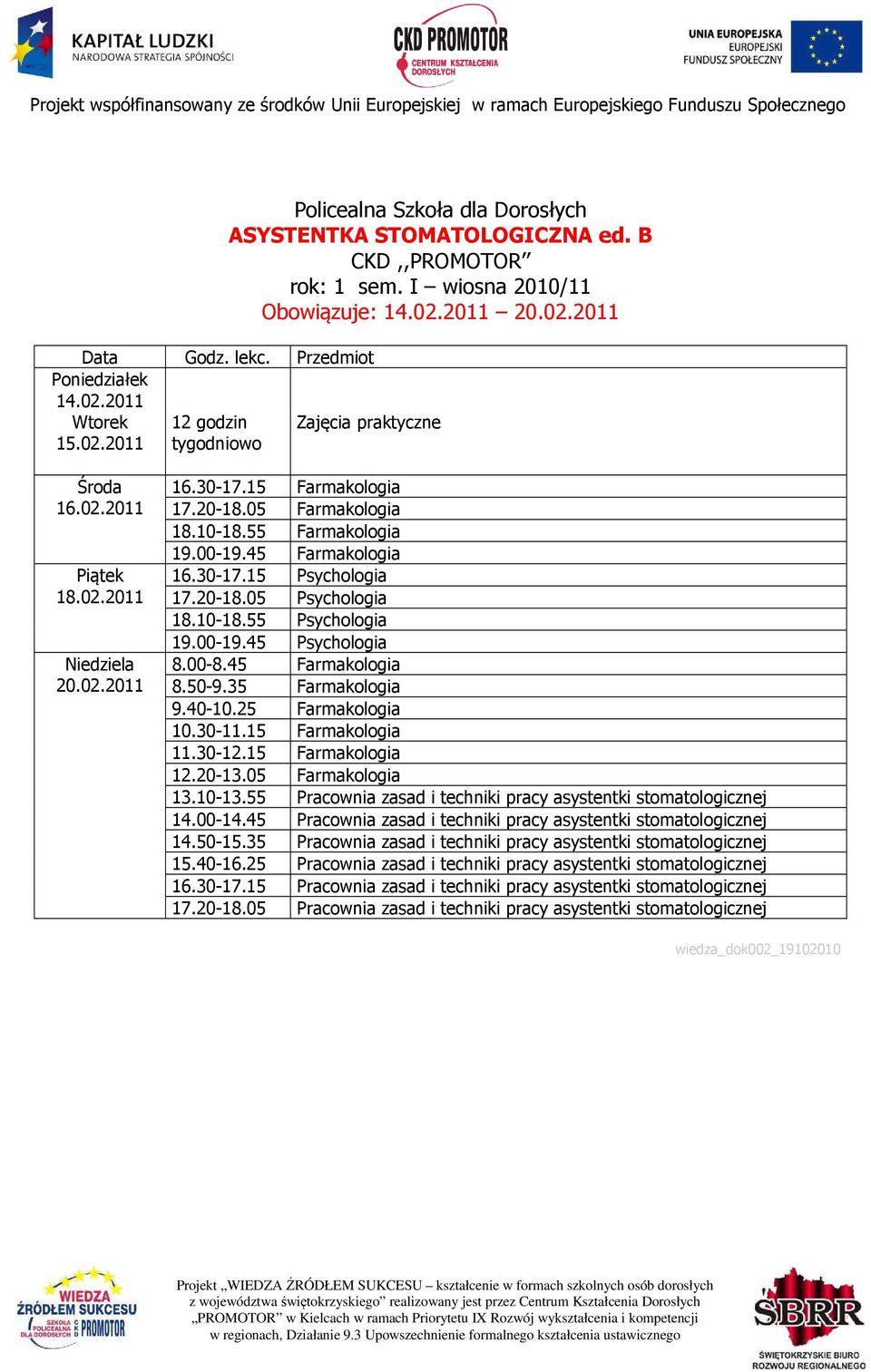 55 Pracownia zasad i techniki pracy asystentki stomatologicznej 14.00-14.45 Pracownia zasad i techniki pracy asystentki stomatologicznej 14.50-15.