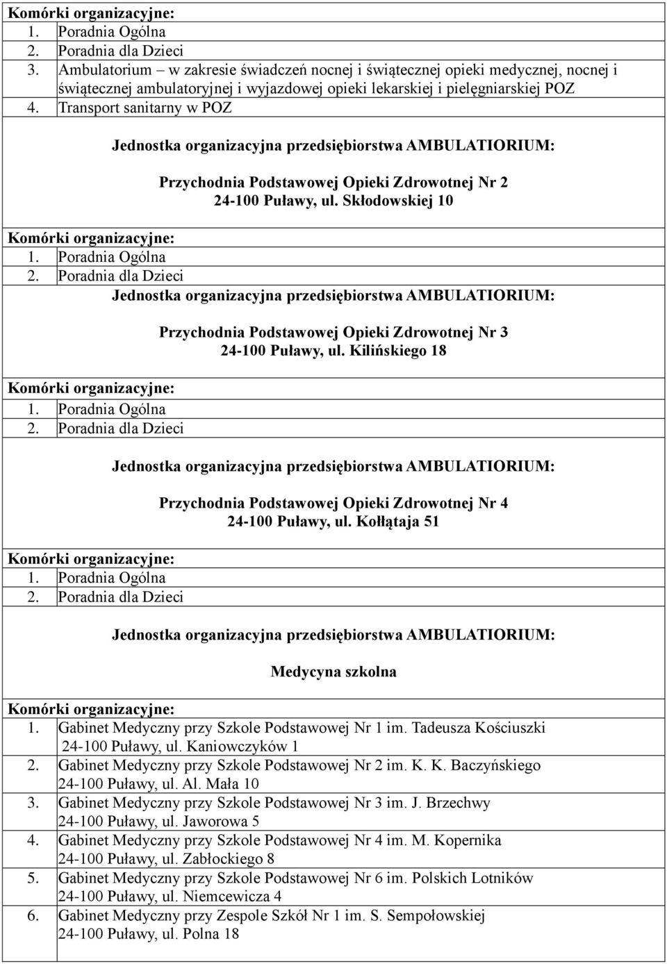 Kilińskiego 18 Przychodnia Podstawowej Opieki Zdrowotnej Nr 4 24-100 Puławy, ul. Kołłątaja 51 Medycyna szkolna 1. Gabinet Medyczny przy Szkole Podstawowej Nr 1 im.