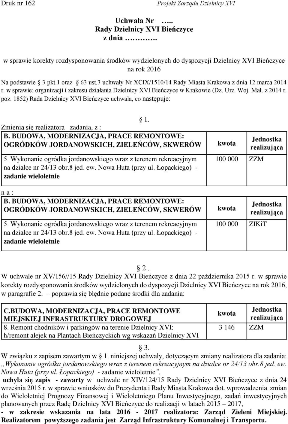 1852) Rada Dzielnicy XVI Bieńczyce uchwala, co następuje: 1. Zmienia się realizatora zadania, z : B. BUDOWA, MODERNIZACJA, PRACE REMONTOWE: OGRÓDKÓW JORDANOWSKICH, ZIELEŃCÓW, SKWERÓW 5.