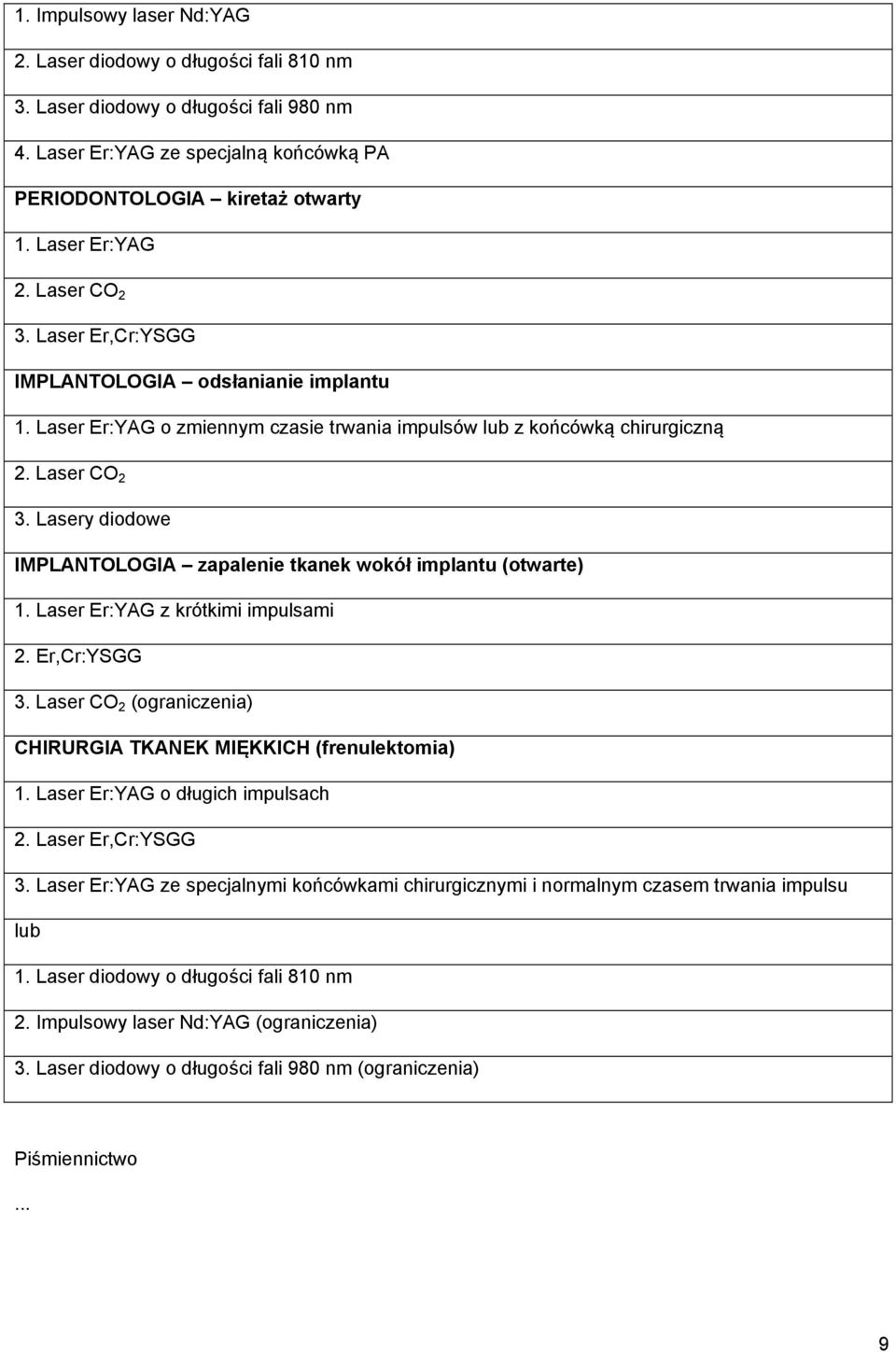 Lasery diodowe IMPLANTOLOGIA zapalenie tkanek wokół implantu (otwarte) 1. Laser Er:YAG z krótkimi impulsami 2. Er,Cr:YSGG 3. Laser CO 2 (ograniczenia) CHIRURGIA TKANEK MIĘKKICH (frenulektomia) 1.