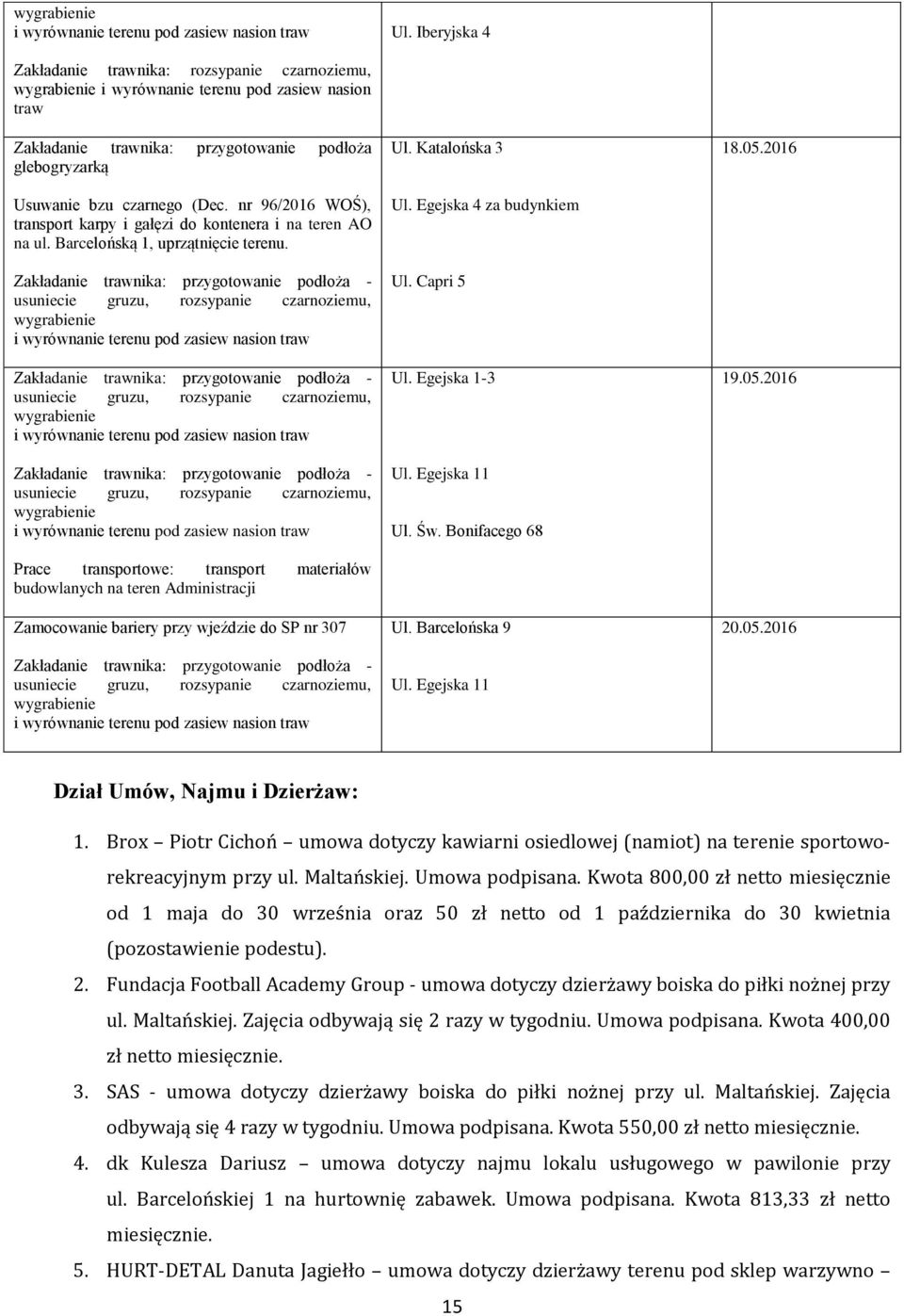 Prace transportowe: transport materiałów budowlanych na teren Administracji Zamocowanie bariery przy wjeździe do SP nr 307 Ul. Katalońska 3 Ul. Egejska 4 za budynkiem Ul. Capri 5 Ul. Egejska 1-3 Ul.