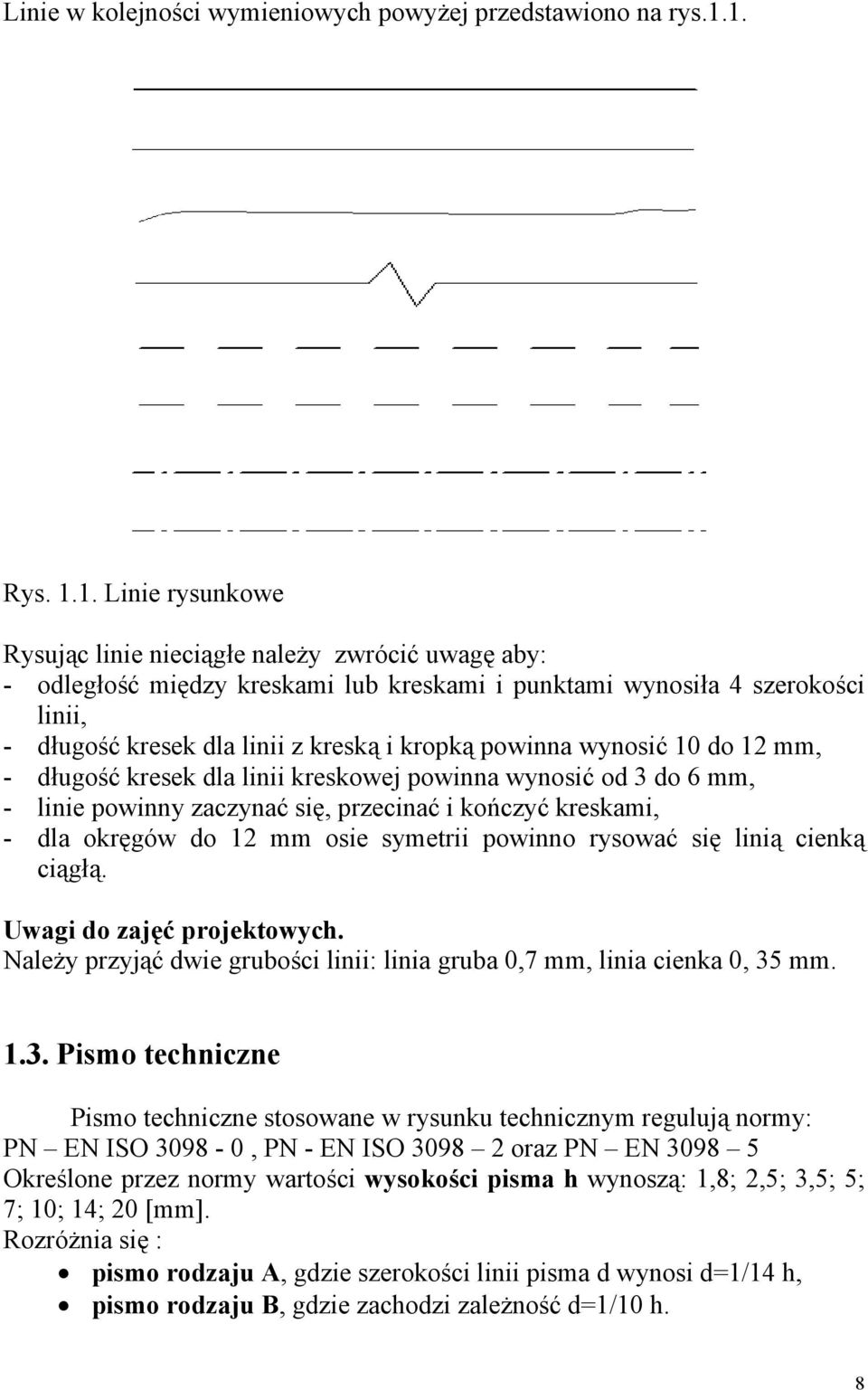 kropką powinna wynosić 10 do 12 mm, - długość kresek dla linii kreskowej powinna wynosić od 3 do 6 mm, - linie powinny zaczynać się, przecinać i kończyć kreskami, - dla okręgów do 12 mm osie symetrii