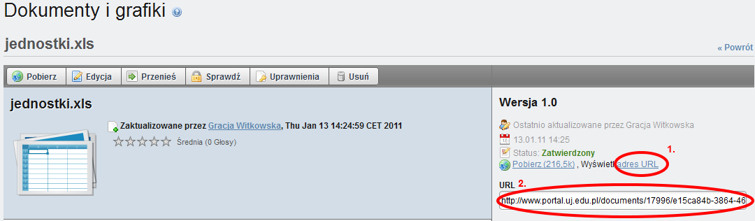 LINK DO DOKUMENTÓW I DODAWANIE GRAFIKI DO TREŚCI Aby dodać link lub grafikę do treści portletu, musimy pobrać jego adres.