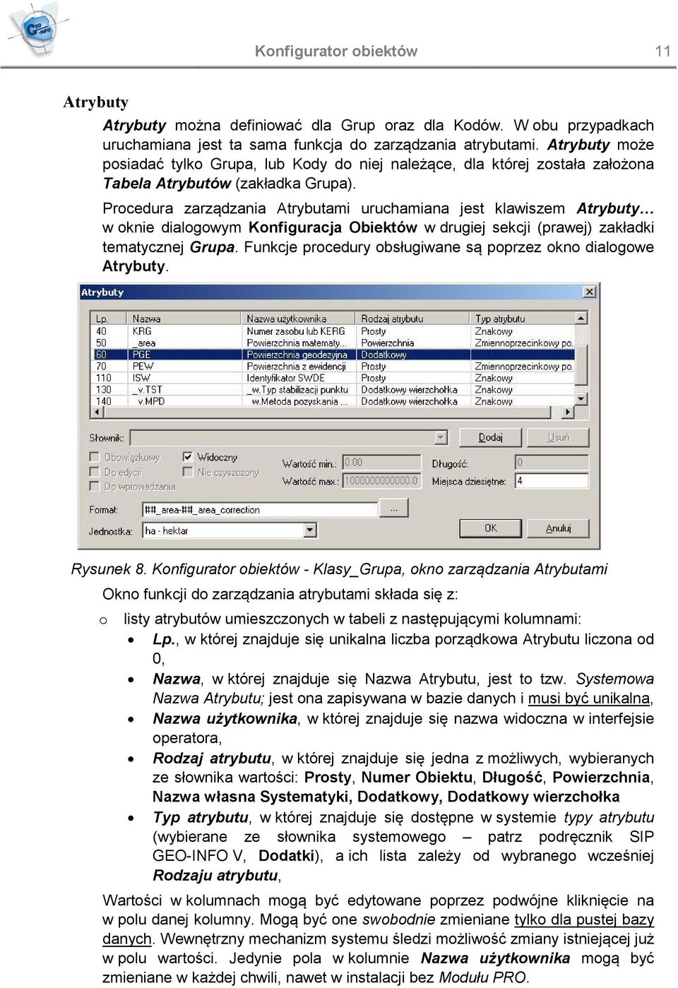 Procedura zarządzania Atrybutami uruchamiana jest klawiszem Atrybuty w oknie dialogowym Konfiguracja Obiektów w drugiej sekcji (prawej) zakładki tematycznej Grupa.